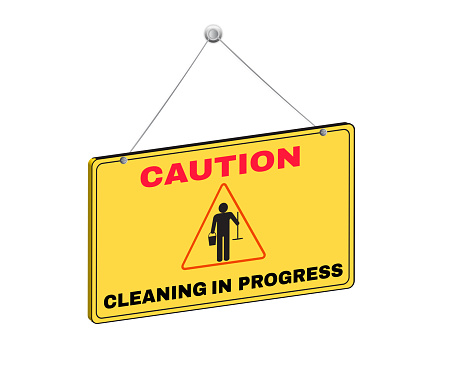 3D Hanging Caution Message Board, white text CAUTION CLEANING IN PROGRESS, Three dimensions accident and prevention Sign concept, sign symbol background vector illustration.