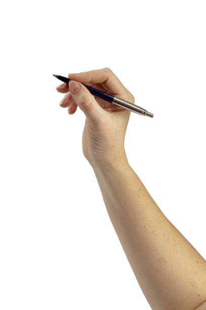 istock Woman's elegant hand holding blue and silver pen on isolated white background. Series 1/3 1211374346