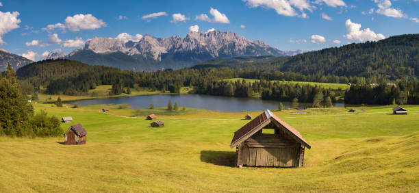 istock panoramic landscape with meadow and lake in front of alps mountains 1211375695