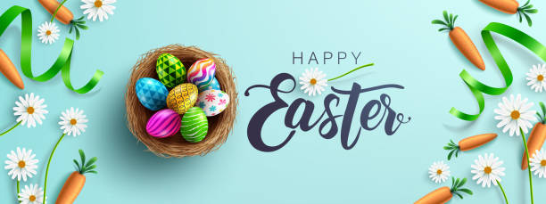 istock Easter poster and banner template with Fower, carrots and Easter eggs in the nest on table.Greetings and presents for Easter Day in flat lay styling.Promotion and shopping template for Easter Day 1211375893
