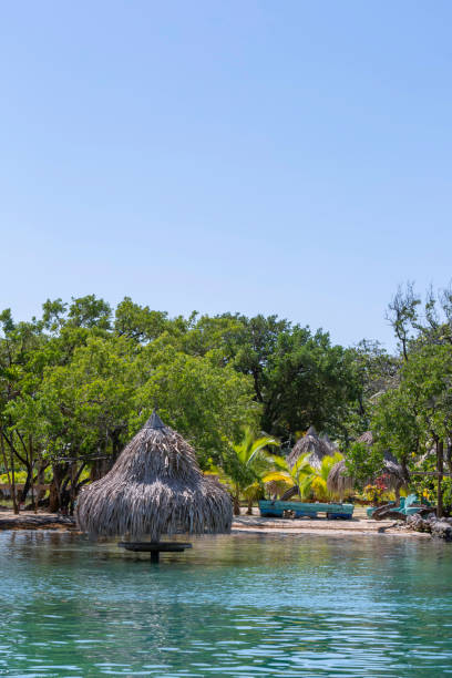 istock Grass hut in the water on a tropical beach 1211377338