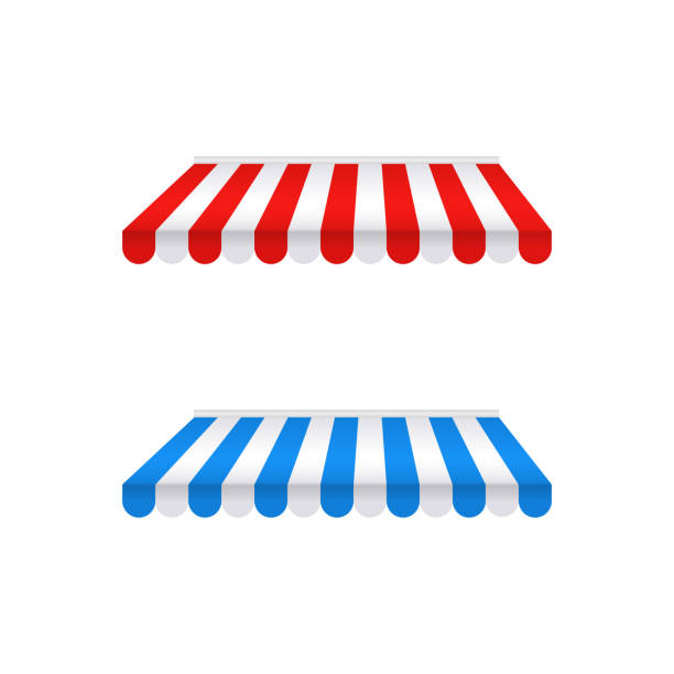 istock Colored awnings isolated on white background. Striped red-white and blue-white sunshade for shops, architectures, cafes and street restaurants. Outside canopy, tent, roof, from the sun, rain. Vector. 1211377826