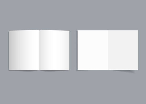 mockup bifold broschüre. weiße abdeckung von flyer mit schatten. papier-vorlage broschüre oder broschüre für realistische zeitschrift, broschüre, karte, flyer. öffnen sie das seitenkatalogformat a4, a3, a5. leer leer leer. vektor - ausbreiten stock-grafiken, -clipart, -cartoons und -symbole