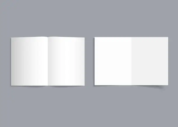 Vector illustration of Mockup bifold brochure. White cover of flyer with shadow. Paper template booklet or leaflet for realistic magazine, pamphlet, card, flyer. Open page catalog format of a4, a3, a5. Empty blank. Vector