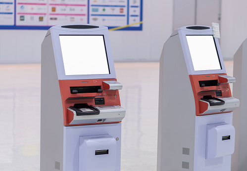 Blank White screen Self service or machine automatic check-in machines in the airport,The machine for printing boarding pass