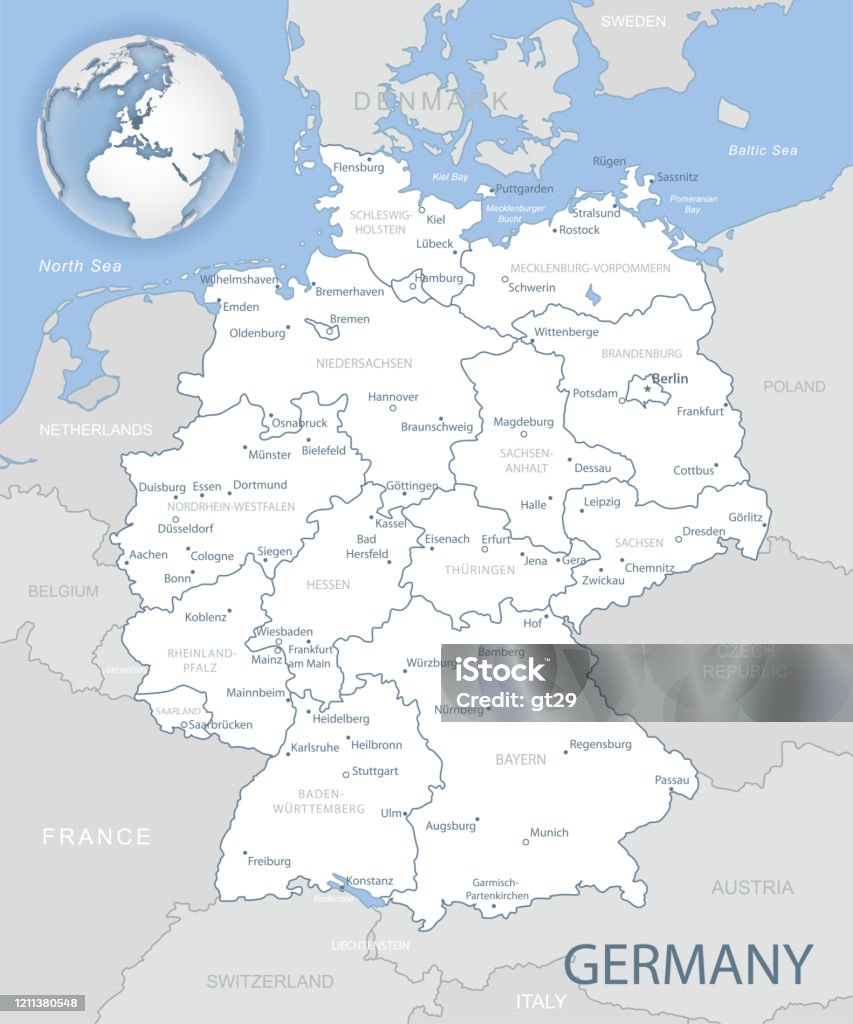 전 세계에 행정 구역과 위치와 독일의 블루 그레이 상세한지도 지도에 대한 스톡 벡터 아트 및 기타 이미지 - 지도, 3차원 형태, 개체  그룹 - Istock