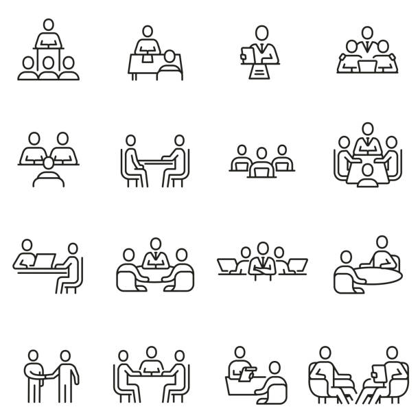 ilustraciones, imágenes clip art, dibujos animados e iconos de stock de conjunto vectorial de iconos lineales relacionados con el equipo, discusión, reunión y entrevista. pictogramas monoline e elementos de diseño de infografías - stakeholder