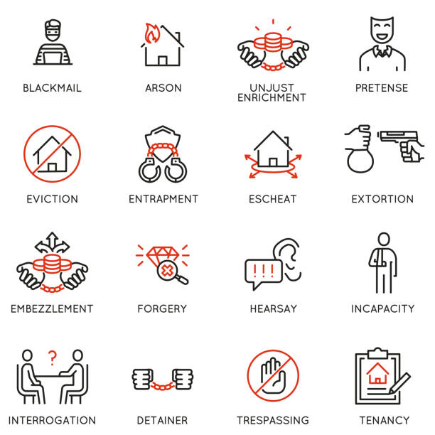 Vector set of linear icons related to law, justice and litigation. Mono line pictograms and infographics design elements - part 5 Vector set of linear icons related to law, justice and litigation. Mono line pictograms and infographics design elements - part 5 entrapment stock illustrations