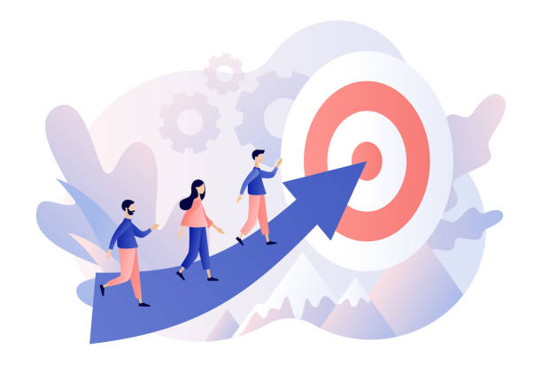 ilustrações de stock, clip art, desenhos animados e ícones de efforts to achieve target. tiny people businessmen running towards the goal. perseverance, challenge, career and personal growth. modern flat cartoon style. vector illustration on white background - people strength leadership remote