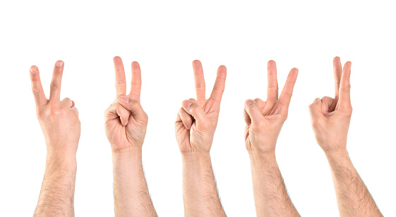Victory Position Five Hands In Different Positions With The Victory Gesture Stock Photo ...