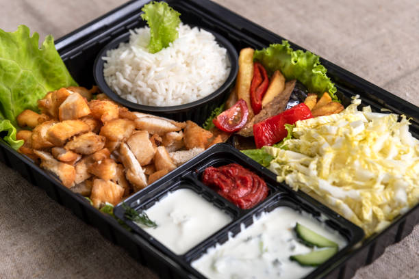 istock Traditional doner kebab in a black plastic container, sour cream, white boiled rice, roast meat, chiken, sauces, salad, cabbage and roasted vegetables on grey background 1211385473