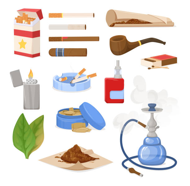 ilustrações de stock, clip art, desenhos animados e ícones de smoking tobacco, bad habits set. tobacco hookah, vape with smoke steam. - snuff box