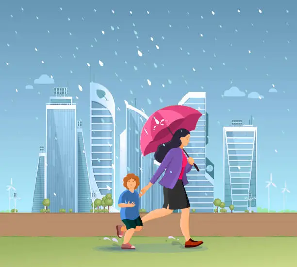 Vector illustration of Family with kids at different times of year at various weather.