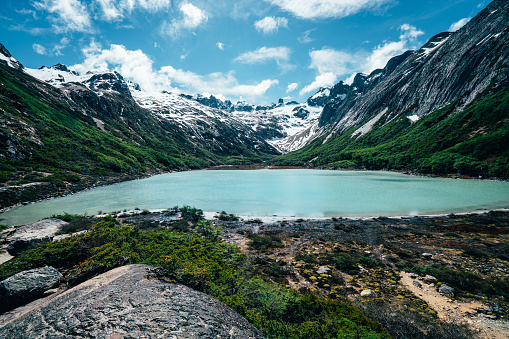 Pano image of Laguna Esmeralda, Emerald lake near Ushuaia, Patagonia - Argentina. Tierra del Fuego province.