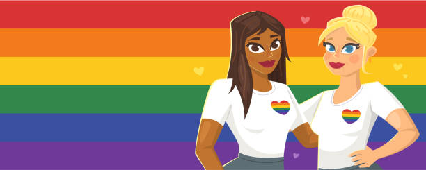 горизонтальный баннер с двумя красивыми девушками на флаге лгбт. иллюстрация вектора - heart shape gay pride gay pride flag lesbian stock illustrations