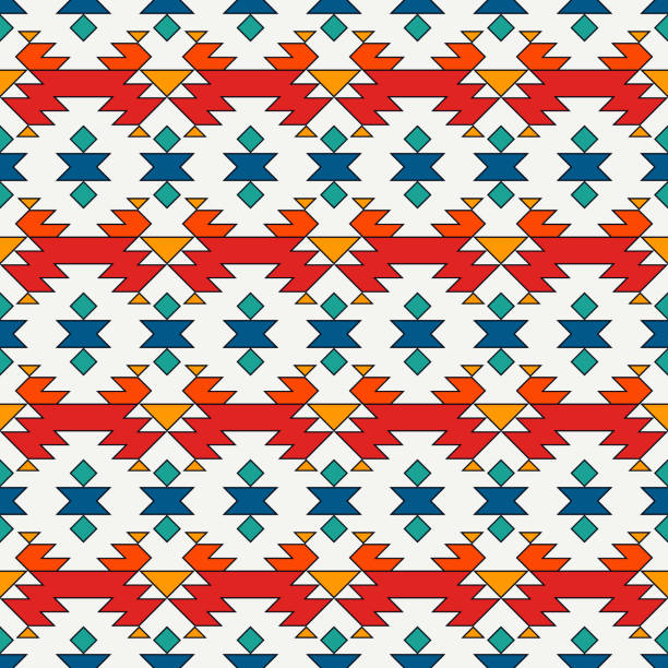 Ethnic, tribal seamless pattern. Native americans embroidery textile style surface print. Boho chic ornament Ethnic, tribal seamless pattern. Native americans embroidery textile stylized surface print. Boho chic ornament. Repeated triangles geometric background. Colorful mosaic wallpaper. Vector abstract chinese tapestry stock illustrations