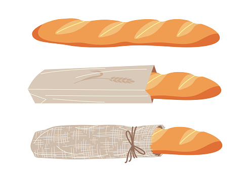 French bread set. Simple baguette unpacked, in paper bag and in fabric packaging isolated on white. Organic products, eco friendly packing, healthy eating vector flat illustration.