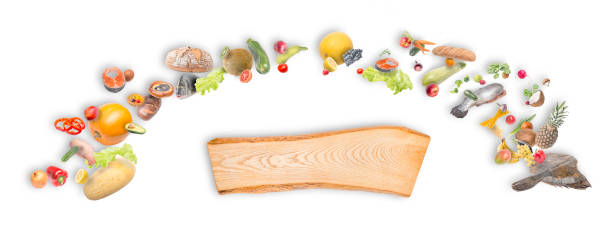 istock Fruits, vegetables and fish on a white background. 1211393010