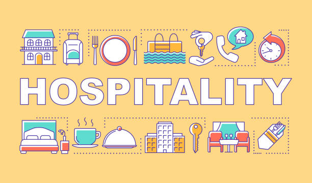 ilustrações de stock, clip art, desenhos animados e ícones de hospitality word concepts banner. lodging industry. restaurant and hotel service. presentation, website. isolated lettering typography idea with linear icons. vector outline illustration - lodging