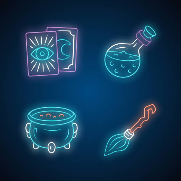 ilustrações de stock, clip art, desenhos animados e ícones de magic neon light icons set. tarot cards, potion, witch cauldron and broomstick. witchcraft and sorcery halloween items. glowing signs. vector isolated illustrations - fortune telling paranormal neon light prophet