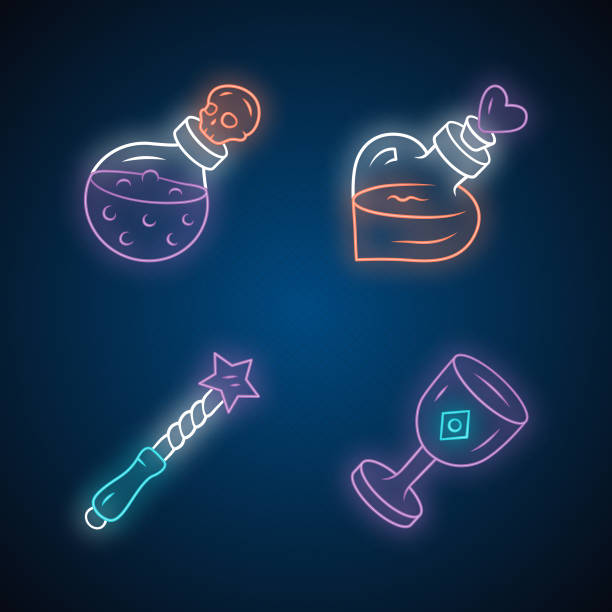 ilustrações de stock, clip art, desenhos animados e ícones de magic neon light icons set. magical death and love potions, witch wand, ceremonial chalice. witchcraft, occult ritual items. mystery objects. glowing signs. vector isolated illustrations - fortune telling paranormal neon light prophet