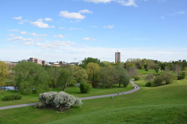 istock park with gren grass and path and trees in Canada 1211394554