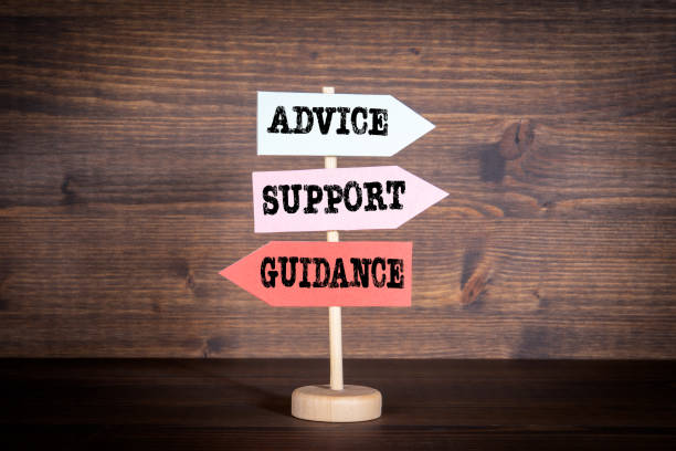 istock Signpost with arrows - Advice, Support and Guidance. Customer support, teamwork and education concept 1211394786