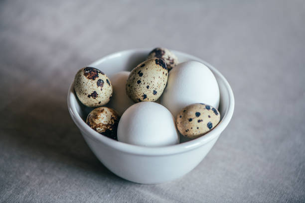 istock Closeup of chicken and quail eggs in a bowl 1211395236