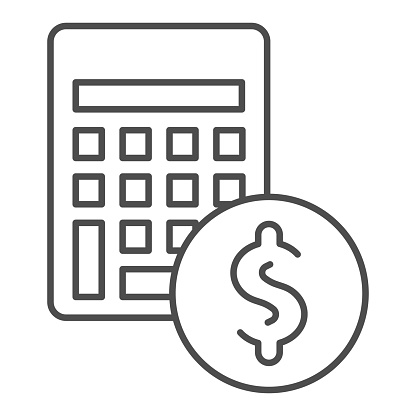 Calculator with coin thin line icon. Budget, money saving symbol, outline style pictogram on white background. Dollar sign for mobile concept and web design. Vector graphics