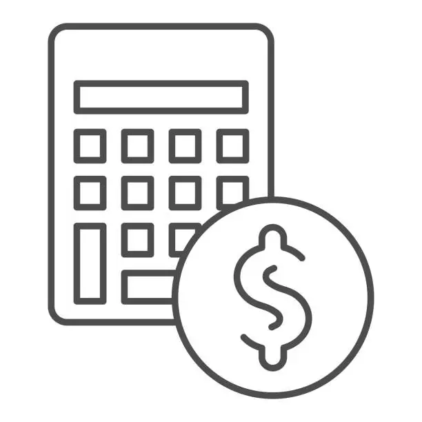 Vector illustration of Calculator with coin thin line icon. Budget, money saving symbol, outline style pictogram on white background. Dollar sign for mobile concept and web design. Vector graphics.