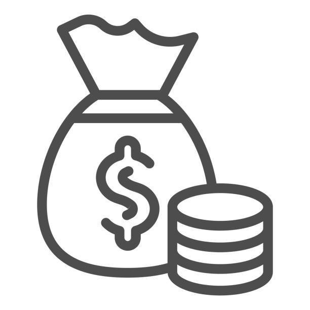 illustrazioni stock, clip art, cartoni animati e icone di tendenza di icona della linea di borse di risparmio e monete. pacchetto con simbolo dollaro e pila di monete, pittogramma in stile contorno su sfondo bianco. segno di denaro per il concetto mobile e il web design. grafica vettoriale. - finanza-ed-economia-immagine