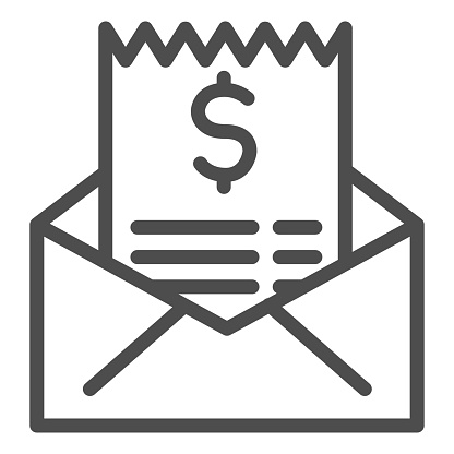 Envelope with payment bill line icon. Check in letter with dollar donations symbol, outline style pictogram on white background. Money sign for mobile concept or web design. Vector graphics