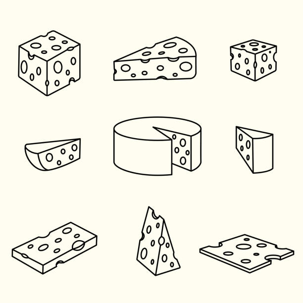 Cheese line art illustration A set of isolated lineart cheese icon illustrations swiss cheese slice stock illustrations