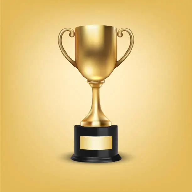 Vector illustration of Vector 3d Blank Golden Champion Winner Cup Icon Closeup Closeup on Yellow Background. Design Template of Championship Trophy. Sport Tournament Award, Winner Cup and Victory Concept