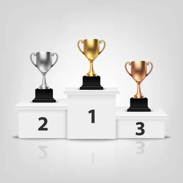 Vector illustration of Vector Blank Golden, Silver and Bronze Champion Cup on Winner Podium Isolated on White Background. Design Template of Championship Trophy. Sport Tournament Award, Winner Cup and Victory Concept