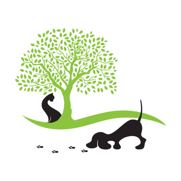 little dog tracing paws trail cat under the tree until dog tracing paws trail, vector graphic design element cat sniff stock illustrations