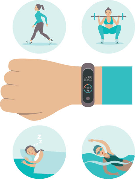 Smart watch fitness band  tracker concept Smartwatch fitness band  tracker concept in flat style vector illustration wrist exercise stock illustrations