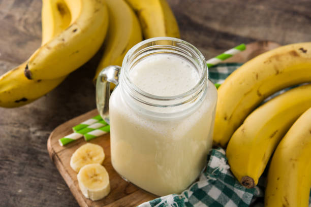 istock Banana smoothie in jar 1211403762