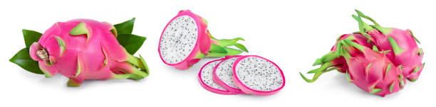 istock Ripe Dragon fruit, Pitaya or Pitahaya isolated on white background, fruit healthy concept. Set or collection 1211405276