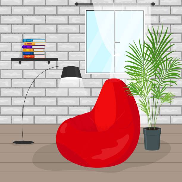 ilustrações de stock, clip art, desenhos animados e ícones de vector illustration of modern living room interior with red beanbag chair, window and home plant. - background cosy beauty close up
