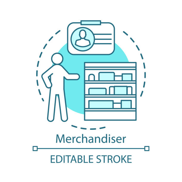 Merchandiser concept icon. Store worker, employee, assistant idea thin line illustration. Marketing retail, shopping. Salesman, sales manager. Vector isolated outline drawing. Editable stroke Merchandiser concept icon. Store worker, employee, assistant idea thin line illustration. Marketing retail, shopping. Salesman, sales manager. Vector isolated outline drawing. Editable stroke merchandiser stock illustrations