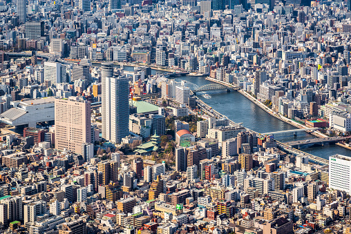aerial view of ishiwara, asakusabashi and sumida river, Tokyo