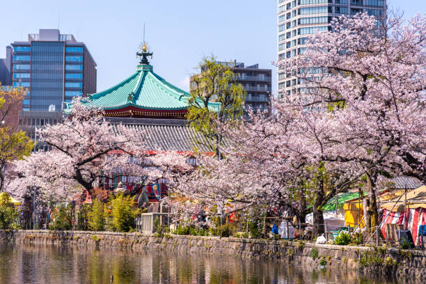 Tokyo - Japan, April 3, 2019: Shinobazunoike Bentendo Temple and pond in Ueno Park