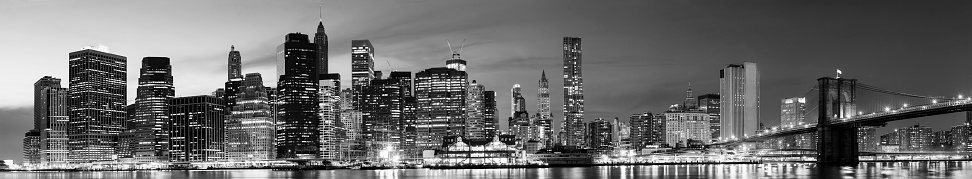 Lower Manhattan cityscape at night, New York City