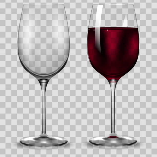 leeres und vollständiges transparenz-rotweinglas. vektor. - spilling wine glass drink stock-grafiken, -clipart, -cartoons und -symbole