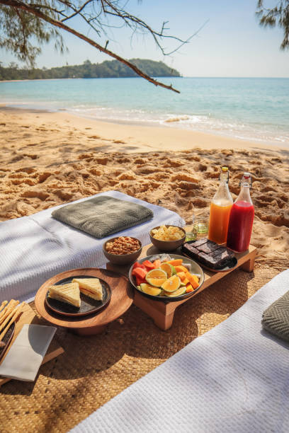 istock Beach Picnic by the sea with snacks and fruit and juice drinks 1211413159
