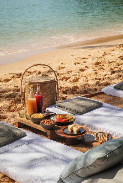 istock Beach Picnic by the sea with snacks and fruit and juice drinks 1211413175