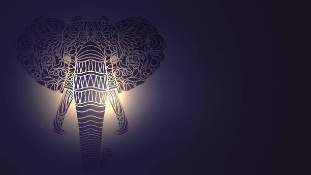 Background with an elephant head and bright light Background with a silhouette of a stylized elephant head and bright light, a symbol of Hinduism 2667 stock illustrations