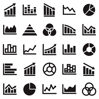 A set of black and white chart and graph icons.