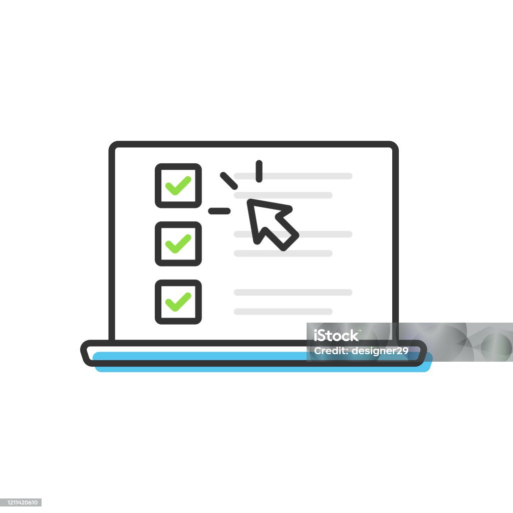 Checklista och kryssa på laptop skärmikon. Markera webbläsarfönster och val, Survey Concepts Vector Design på vit bakgrund. - Royaltyfri Frågeformulär vektorgrafik